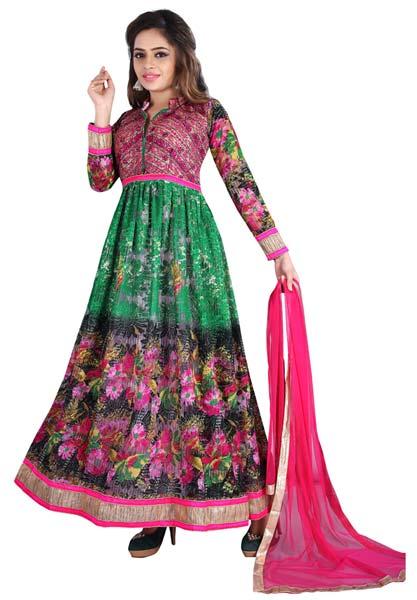 Fs2470 aryadress rani green Print soft net embrodary work  anarkali ty