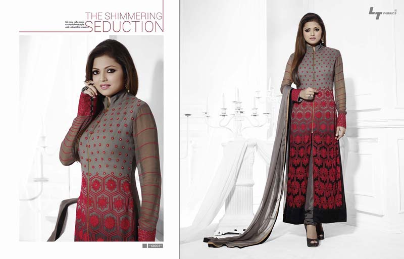 Georgette Embrodary Work Gray&red  Semi Stitched Staight Suit