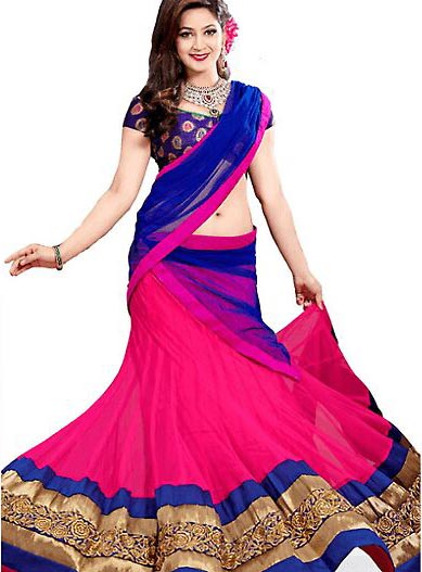 Georgette Embroidery Work Pink & Blue Semi Stitched Lehenga