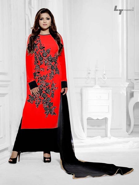 FS1120 Georgette Embrodary Work Red Semi Stitched Staight Suit