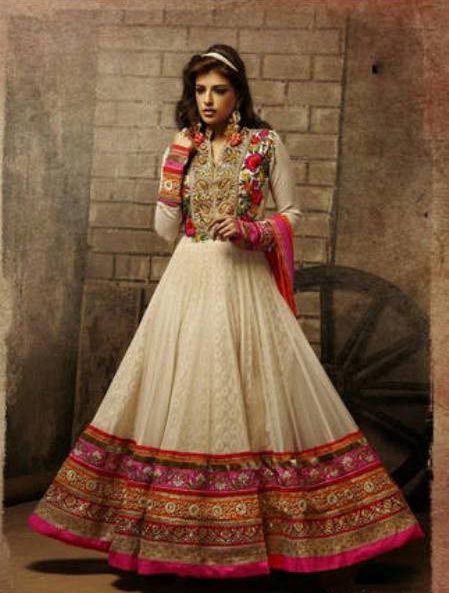 Georgette Embrodary Work White Semi Stitched Anarkali Type Suit