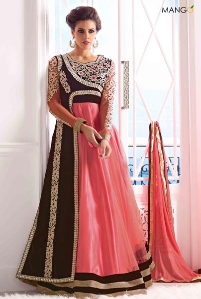 FS1360 Georgete Embrodary Work PinK &Black  Semi Stitched Anarkali suit