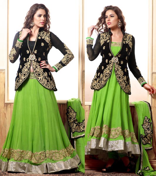 FS1950 Gergettet Embrodary Work Green Semi Stitched Anarkali type Suit