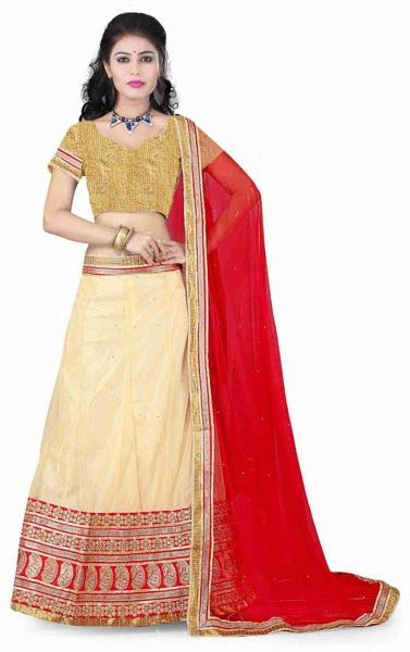 Net Embroidery Work Cream & Red Semi Stitched Lehenga