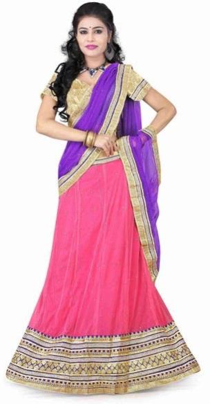Fs1580 Net Embrodary Work Pink & Purple Semi Stitched Lehenga