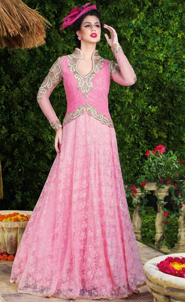 FS1970 Georgette Embrodary Work Pink Semi Stitched Anarkali type Gown