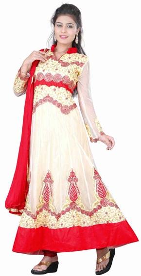 FS1540 Velvet Net Embrodary Work White Semi Stitched Anarkali Suit