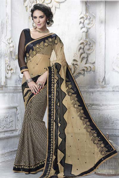 DESIGNER BEIGE EMBROIDERED NET &  FAUX CREPE JACQUARD PARTY WEAR SAREE