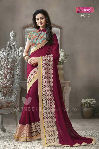 Embroidered Maroon Faux Georgette Party Wear Saree