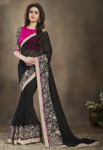 Designer Embroidered Black Faux Georgette Party Wear Saree