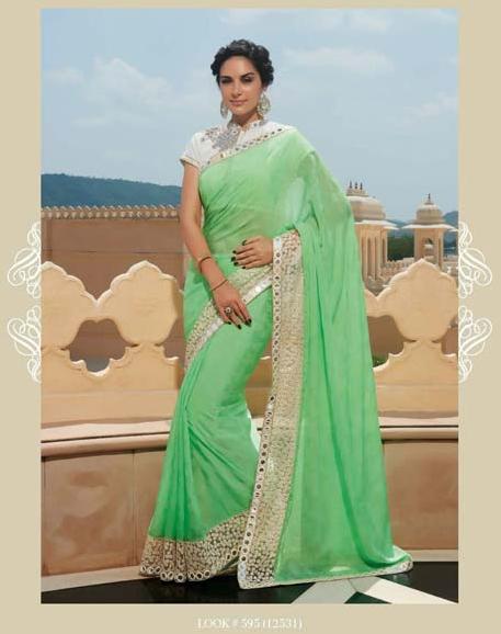 DESIGNER EMBROIDERED GREEN FANCY PARTY WEAR SAREE