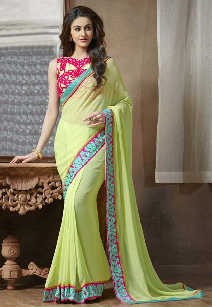 Designer Embroidered Neon Green Faux Georgette Party Wear Saree