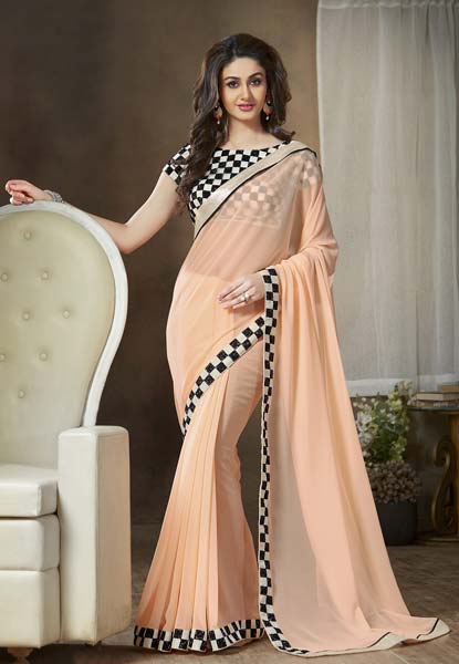 Designer Embroidered Peach Color Faux Georgette Party Wear Saree