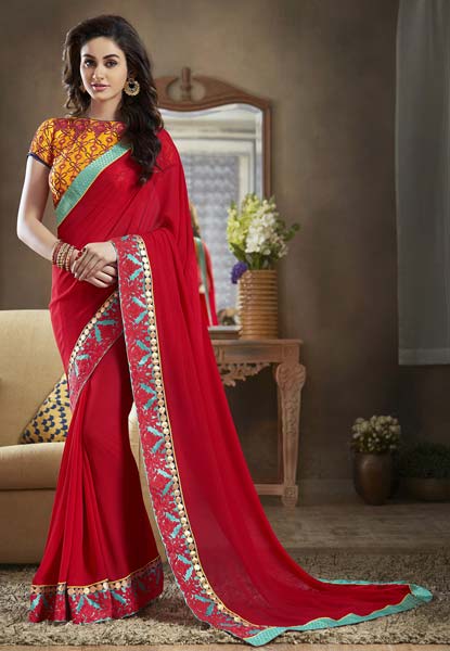 Red Faux Georgette Party Wear Saree