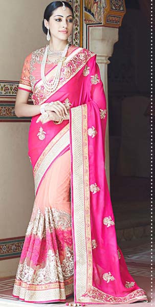 Designer Embroidered Shaded Pink Party Wear Saree