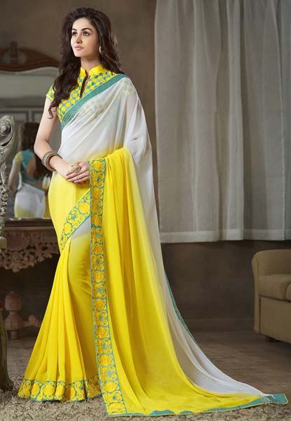Designer Embroidered Yellow Faux Georgette Party Wear Saree