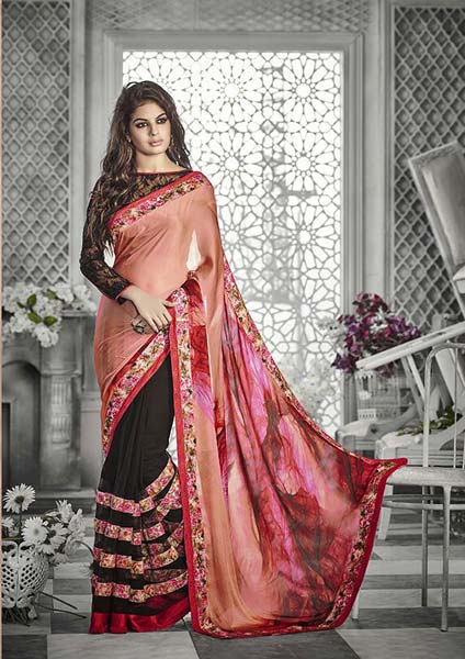 DESIGNER PEACH & BLACK GEORGETTE PARTY WEAR SAREE