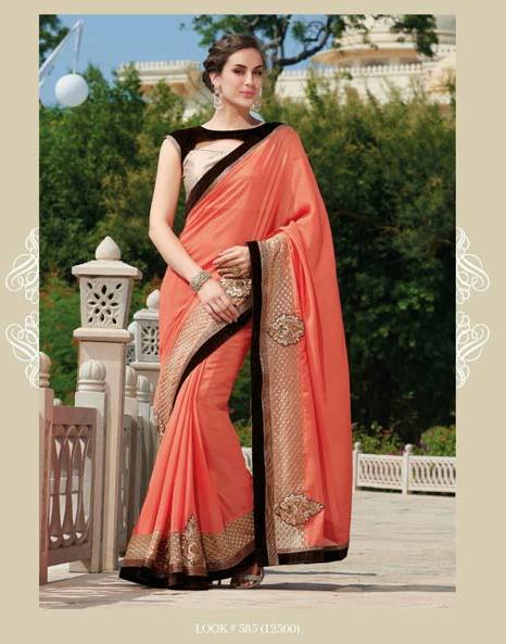 DESIGNER PEACH COLOR EMBROIDERED PARTY WEAR SAREE