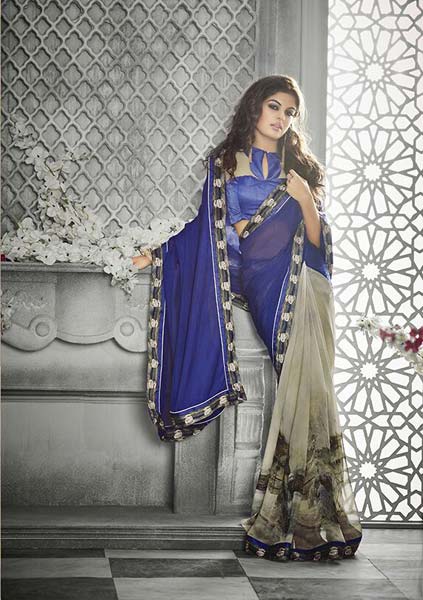 DESIGNER PRINTED BLUE & GREY GEORGETTE PARTY WEAR SAREE