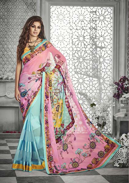 DESIGNER PRINTED GREEN & PINK GEORGETTE PARTY WEAR SAREE