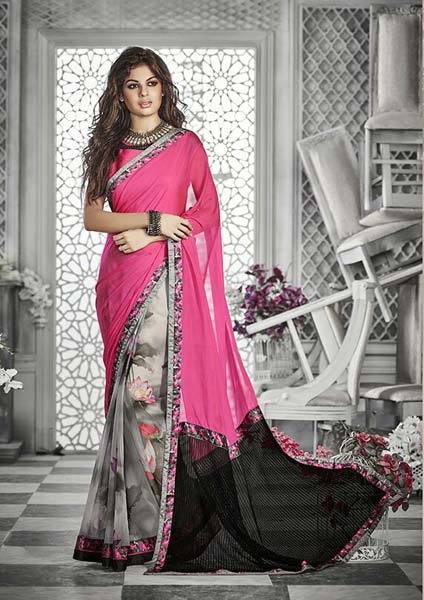 DESIGNER PRINTED PINK & GREY GEORGETTE PARTY WEAR SAREE