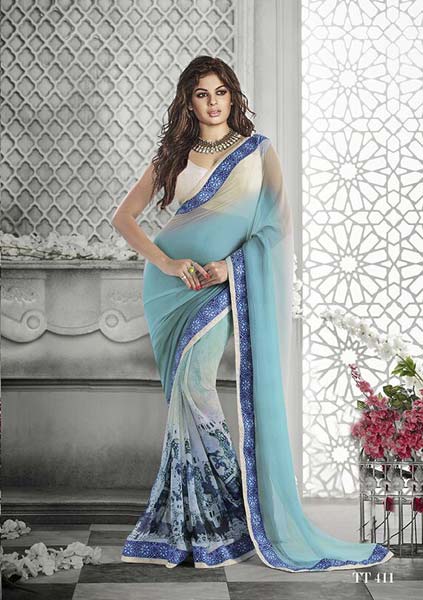 DESIGNER PRINTED SHADED LIGHT BLUE GEORGETTE PARTY WEAR SAREE