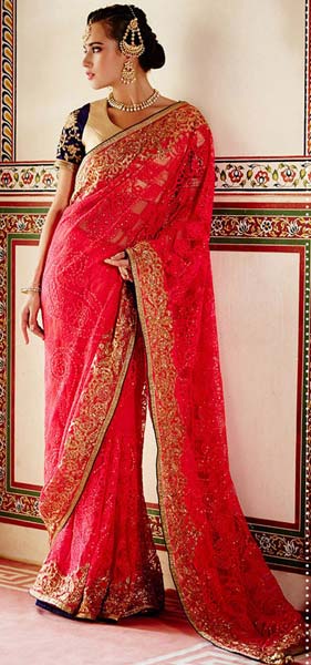 Designer Red Embroidered Net Party Wear Saree