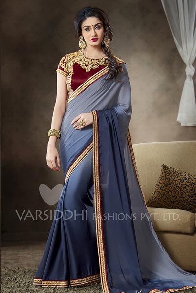 Designer Shaded Blue Embroidered Satin Georgette Party Wear Saree