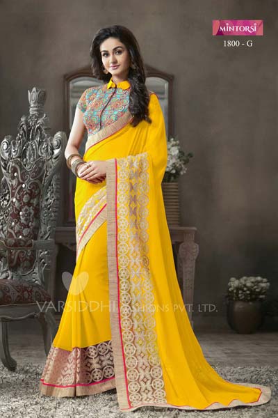 Designer Yellow Embroidered Faux Georgette Party Wear Saree