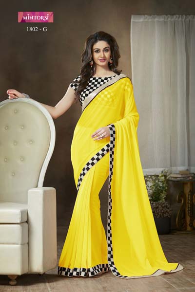 Designer Yellow Faux Georgette Embroidered Party Wear Saree