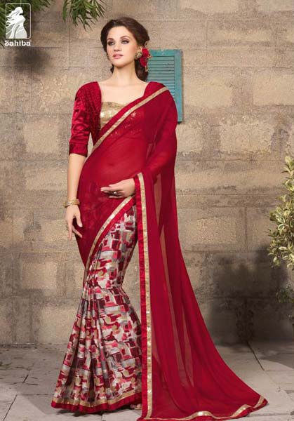 DIGITAL PRINTED MAROON GEORGETTE PARTY WEAR SAREE