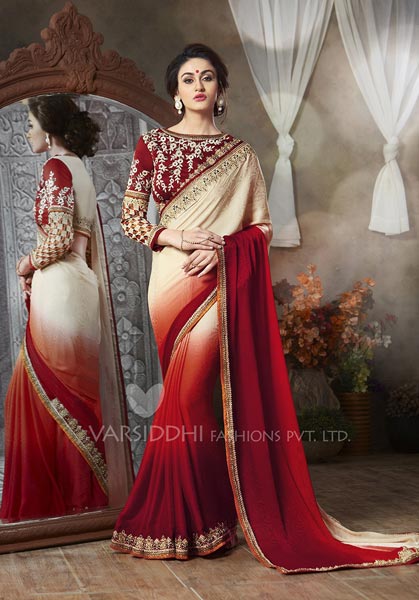 Embroidered Red Designer Ethnic Party Wear Saree