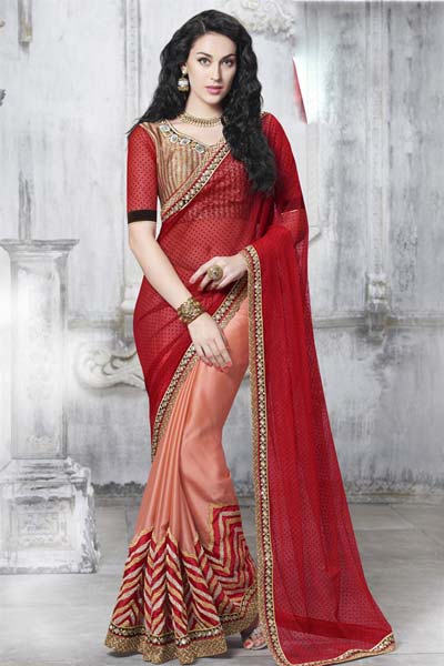 ETHNIC DESIGNER EMBROIDERED NET & FAUX SATIN CHIFFON PARTY WEAR SAREE