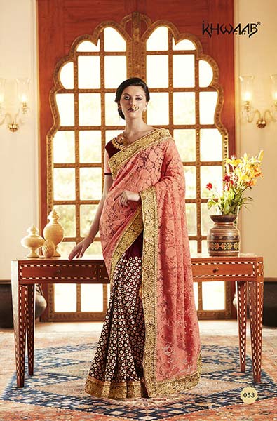 DESIGNER EMBROIDERED ORANGE & MAROON NET & GEORGETTE PARTY WEAR SAREE