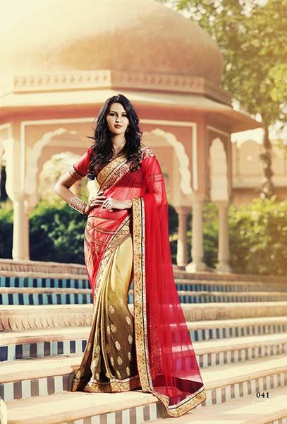 ETHNIC EMBROIDERED RED, CREAM & BROWN PARTY WEAR SAREE