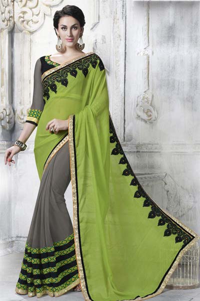 ETHNIC GREEN & GREY EMBROIDERED FAUX CHIFFON & NET PARTY WEAR SAREE