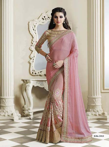 Ethic Pink Embroidered Party Wear Saree