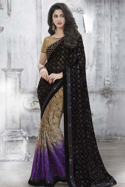 MULTICOLOR  EMBROIDERED NET & FAUX SATIN CHIFFON PARTY WEAR SAREE