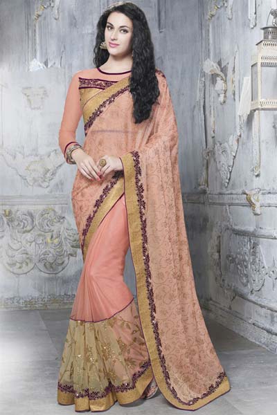 PEACH COLOR LYCRA SHIMMER & NET EMBROIDERED PARTY WEAR SAREE