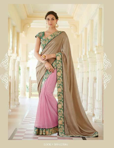 PINK & CREAM EMBROIDERED FANCY PARTY WEAR SAREE