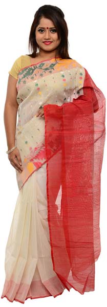 Transparent White Dhakai Jamdani Saree with Red Border