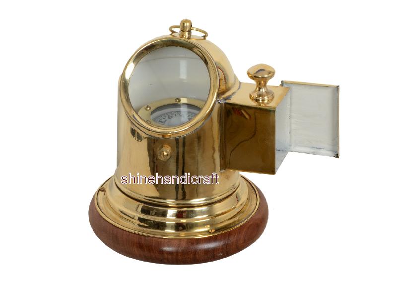 Brass Helmet Compass Nautical Item With Wooden Base