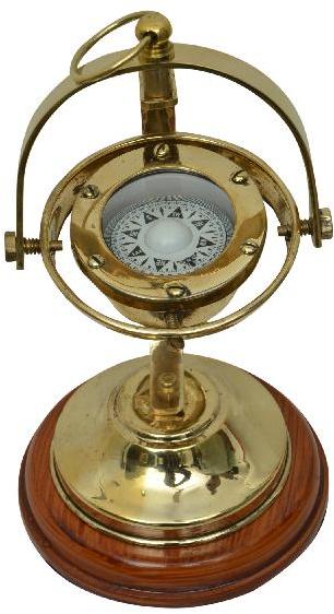 Brass Plated Gimbaled Table Brass Compass with Stand and with wooden base