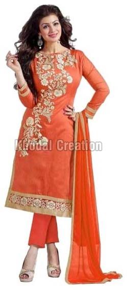 Beautiful orange colored Straight Suit chanderi