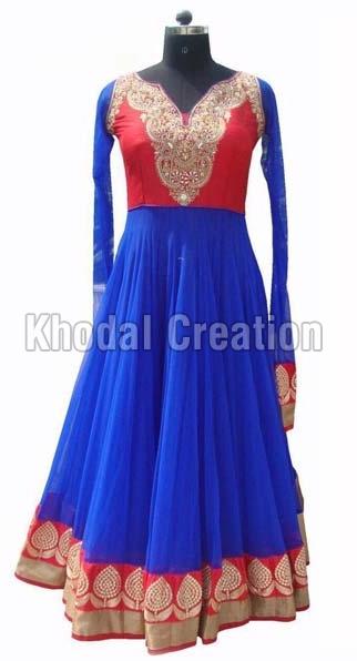 Blue and red colored Anarkali Suit