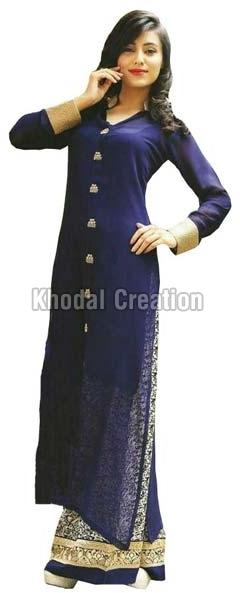 Blue Colored Embroidered Plazoo Salwar Suit