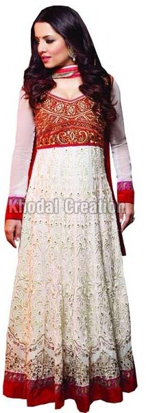 White and red colored Anarkali Suit, Occasion : Wedding