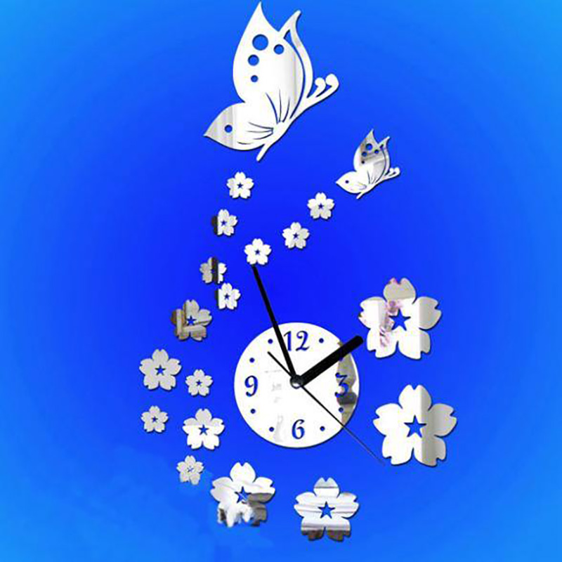 Butterfly and Flowers Design 3D Mirror 20pcs DIY Wall Clock-LaserCraft