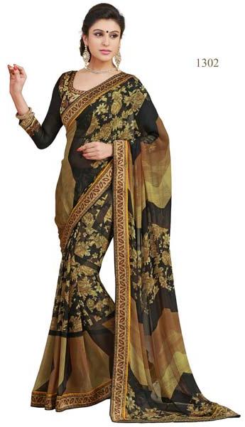 Black Color Printed Georgette Lace Border Saree with Blause