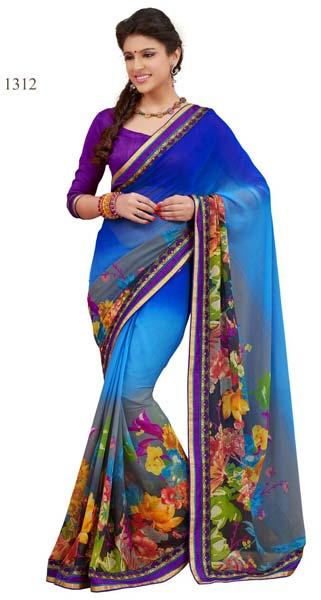 Blue Color Printed Georgette Fancy Saree with Blause